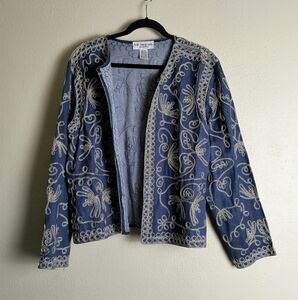 Cream and Blue Floral Jean Jacket with Textured Design Silk And Cotton Size XL